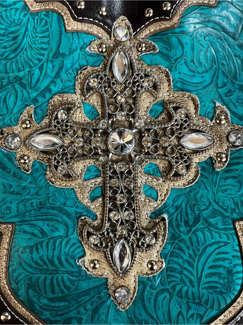 Montana West Turquoise Black Tooled Leather Rhinestone Cross Purse - Picture 4 of 5